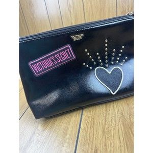 Victoria's Secret Black Glitter Heart Pink‎ Makeup Travel Clutch Bag